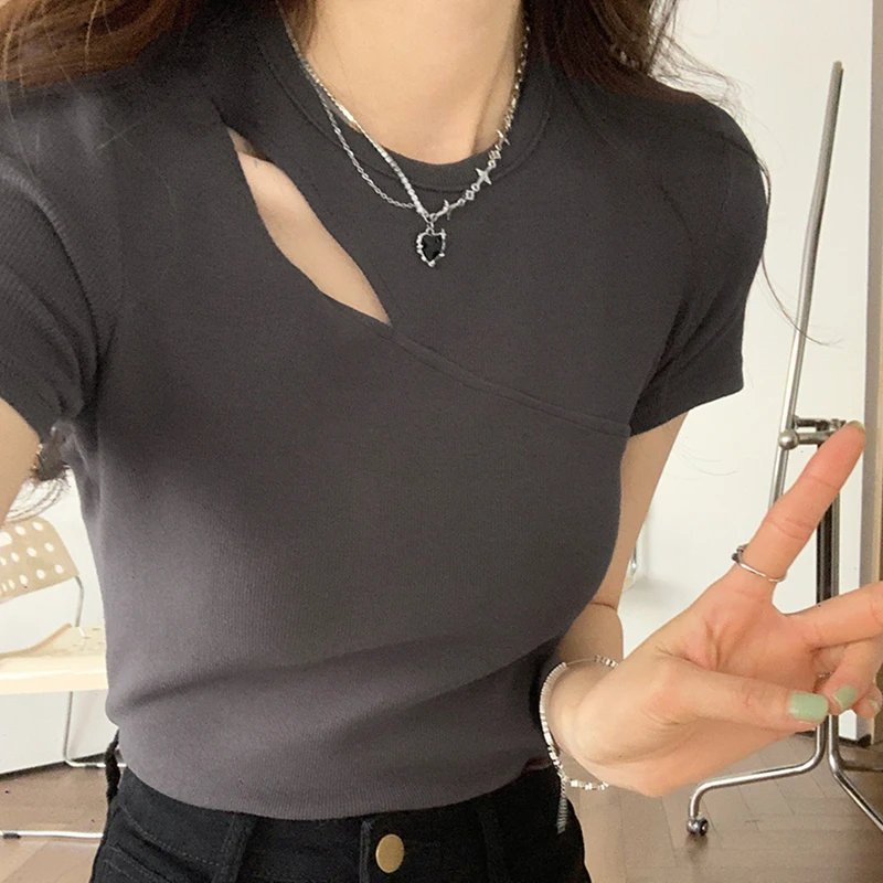 

Sexy Hollow Out T Shirt Women Korean Fashion Clothes Slim White Tshirts Short Sleeve O Neck Tee Shirt Femme 2023 Summer Crop Top