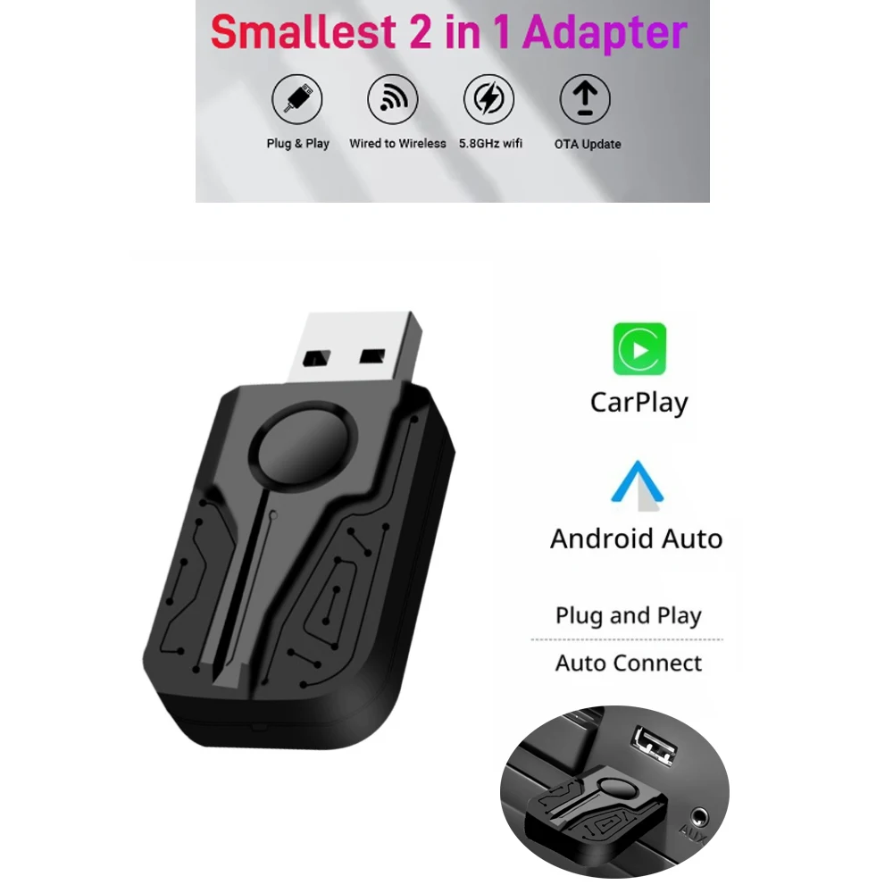 

Wireless CarPlay Android Auto Adapter 2 in 1 Smart Dongle USB Plug and Play BT 5.0 5G WIFI for Wired CarPlay Android Auto Cars