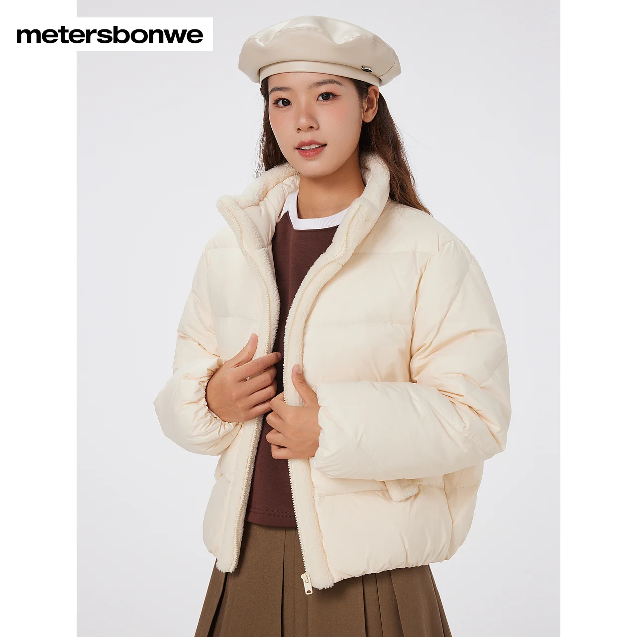 Metersbonwe-Women\'s Jacket Puffer Stand Collar Loose Duck Down Short Jacket Commute Elegant Office Lady Winter  Warm Wear