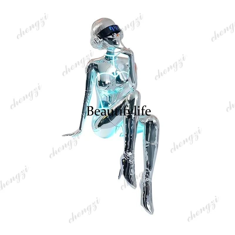 H132 Cyberwind statue electroplated robot sitting floor lamp night bar artwork ornament