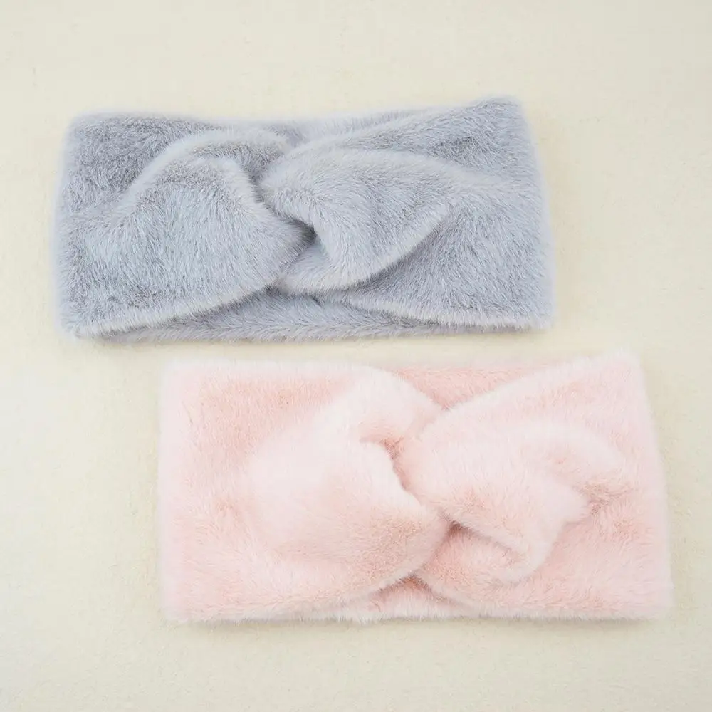 Knotted Imitation Mink Fur Cross Headband Hair Band Winter Ear Warm Plush Elastic Solid Color Wide Women Turban Hair Accessories