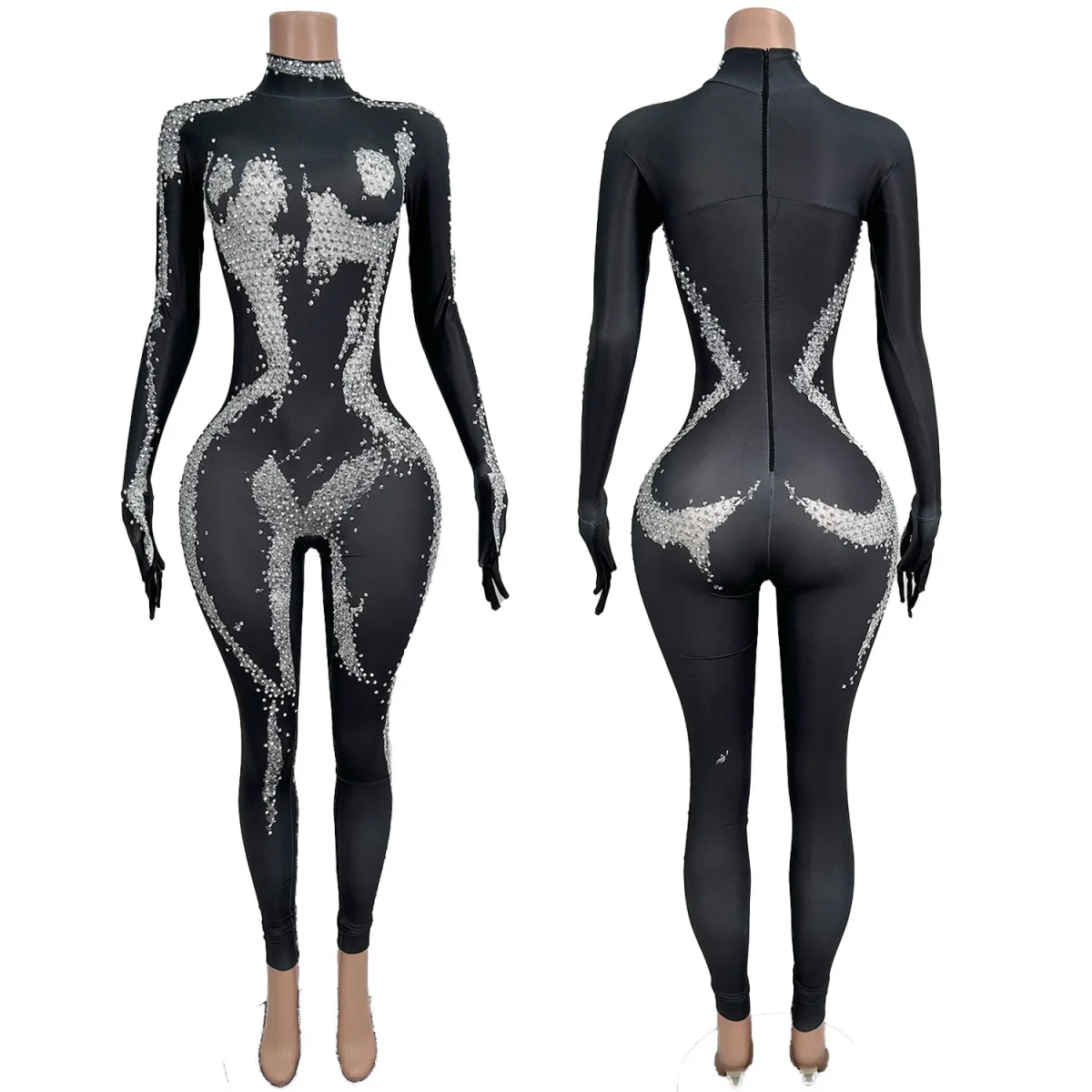 

Sexy Women's High-end Tight Performance Dance Wear Sparkling Rhinestone Spandex Elastic Jumpsuit Club Party Event Outfit Youqi