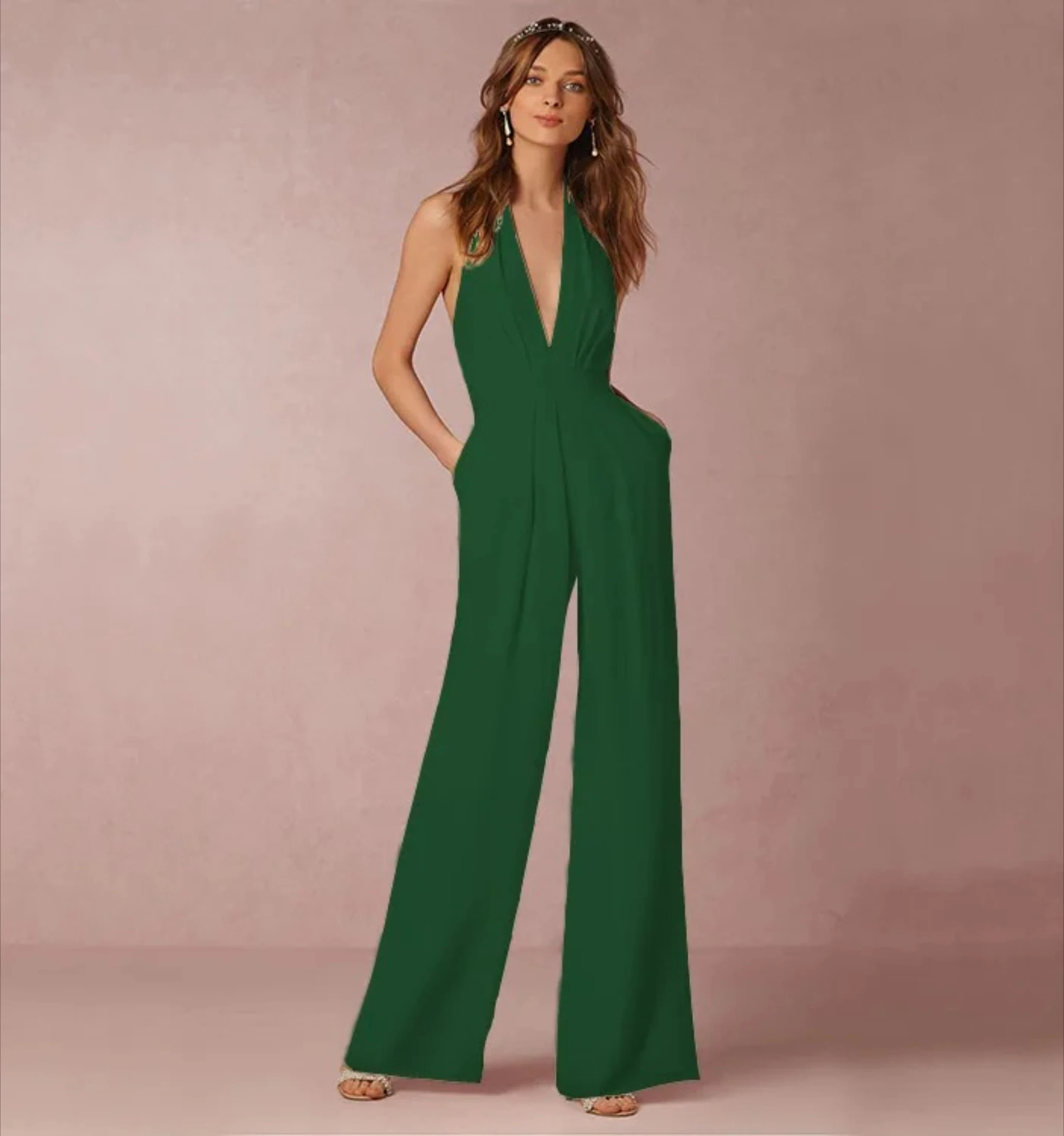 Jumpsuits Vrouwen Sexy Speelpakjes Diepe V-hals Mouwloos Halter Hals Backless Hoge Taille Wijde Pijpen Jumpsuit Elegant Feestbanket