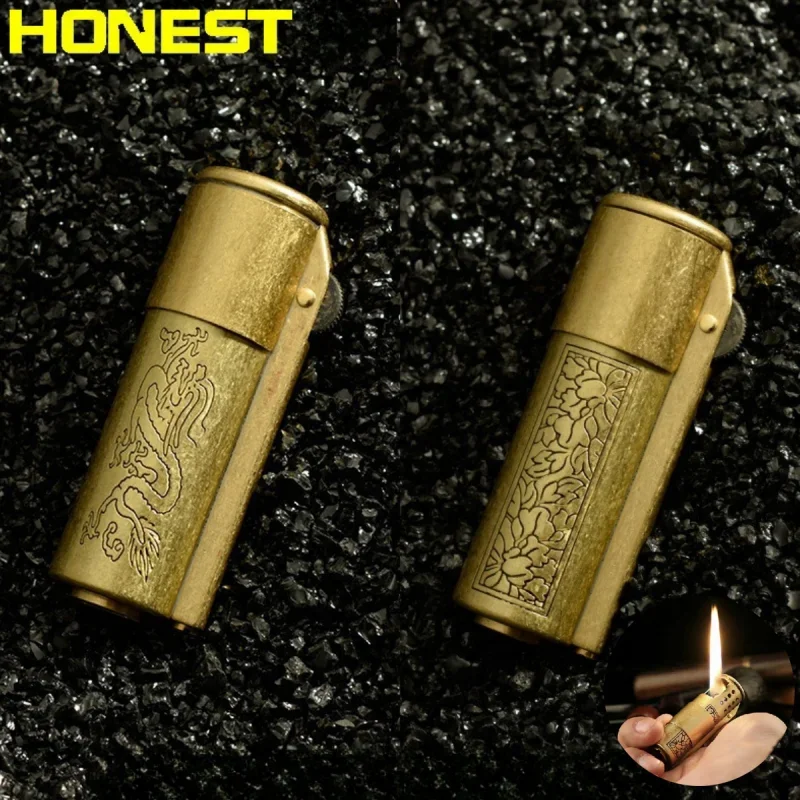 HONEST Brass Retro Windproof Cover Lighter Grinding Wheel Ignition Open Flame Old Style Collection Lighters Smoking