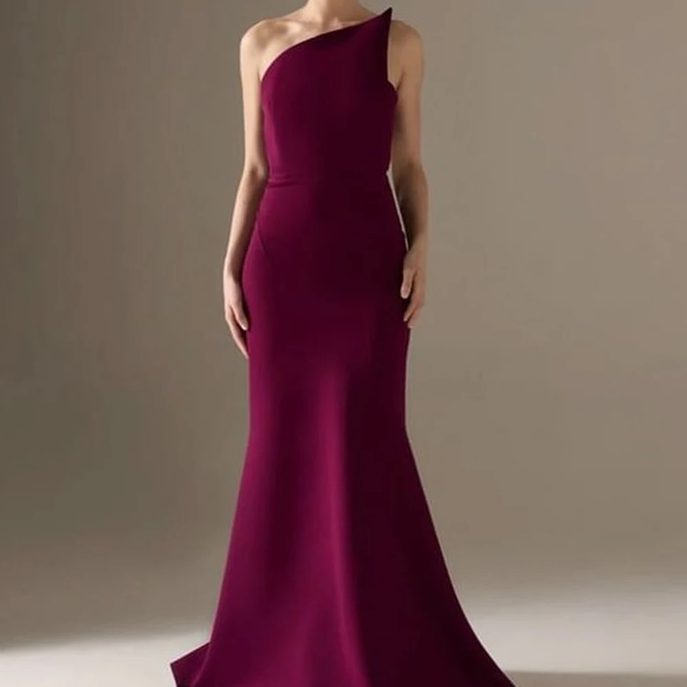 Customized Mermaid Light Burgundy Jersey Evening Dress One Shoulder Lrregular Collar Type Sleeveless Sweep Train Prom Gowns 2025