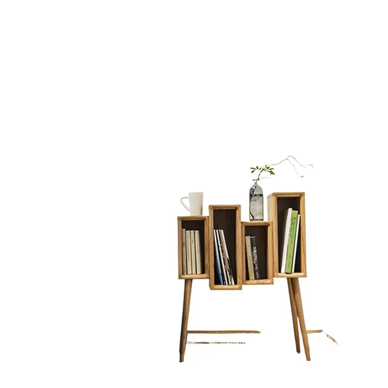 Nordic solid wood bookshelf, simple magazine rack, American sofa side cabinet, small apartment side table, modern creative