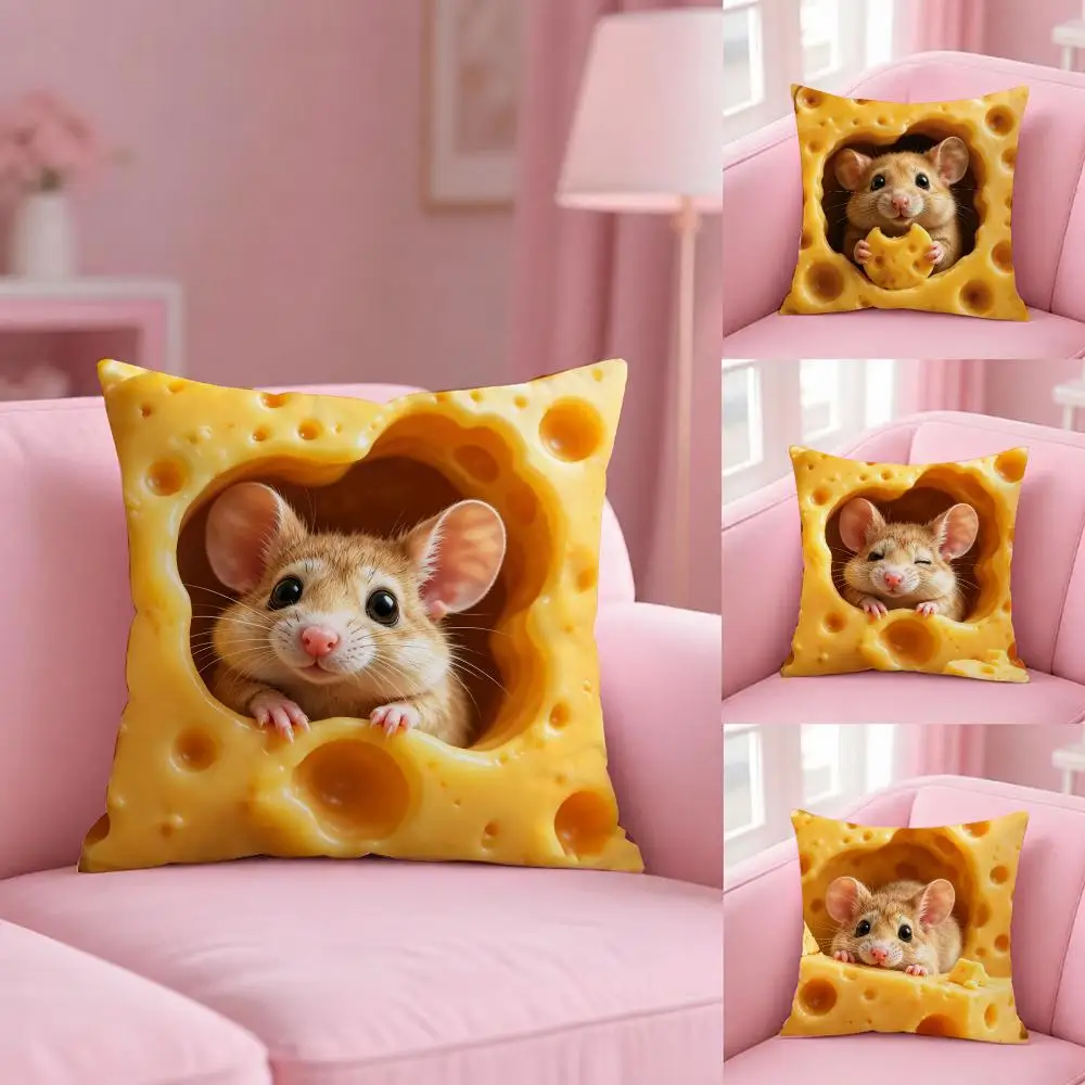 Cute Mouse in Cheese Cushion Cover Soft Plush Pillowcase Double Side Cozy Cushion Cover Aesthetic Sofa Home Decor Gift