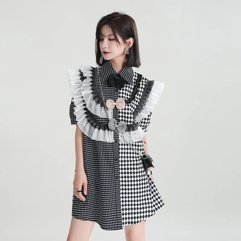 

Zhongchuang Rizhen 2024 summer new fashion simple mesh stitching ruffled plaid loose shirt dress