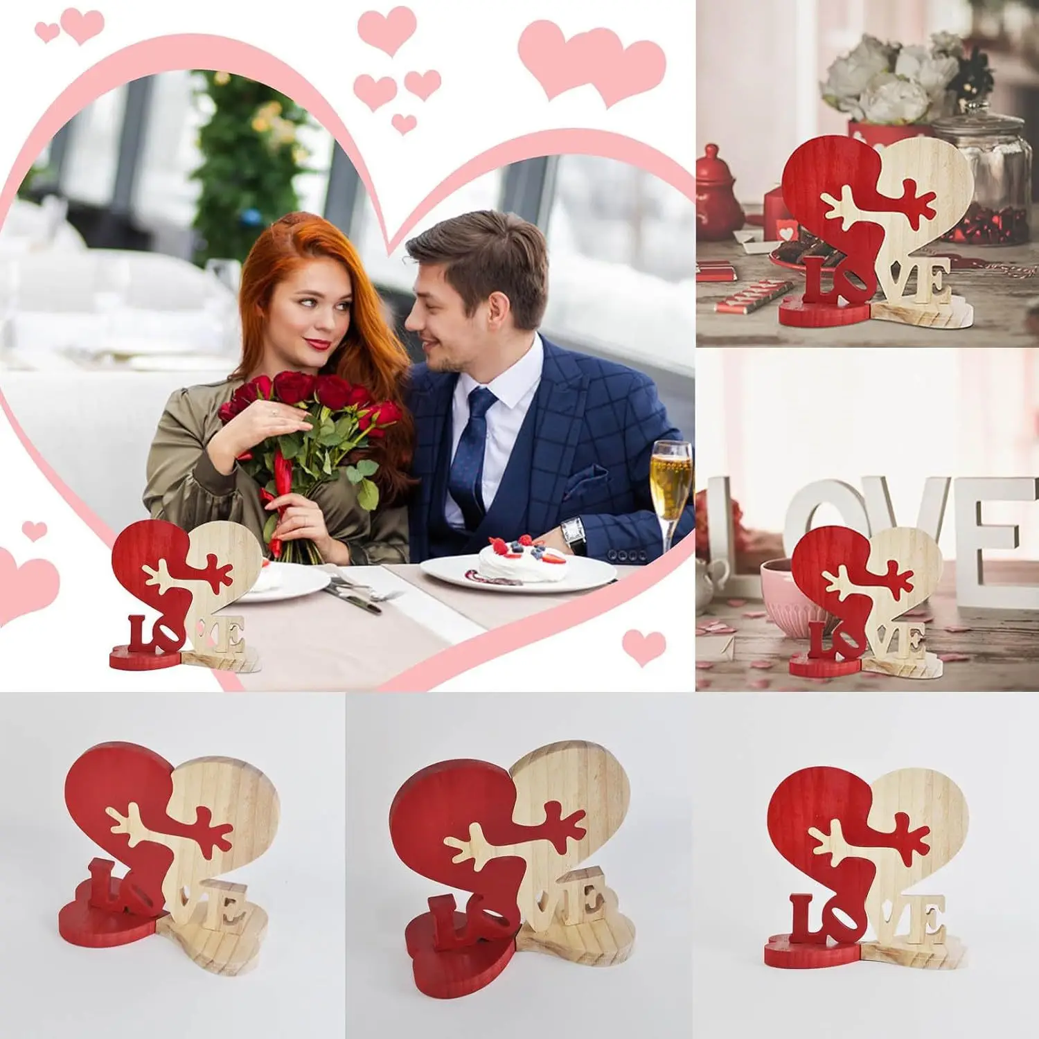 Valentine's Day Kidney Shape 'LOVE' Wooden Table Decor, Romantic Desktop Ornament for Wedding Anniversary/Date Night