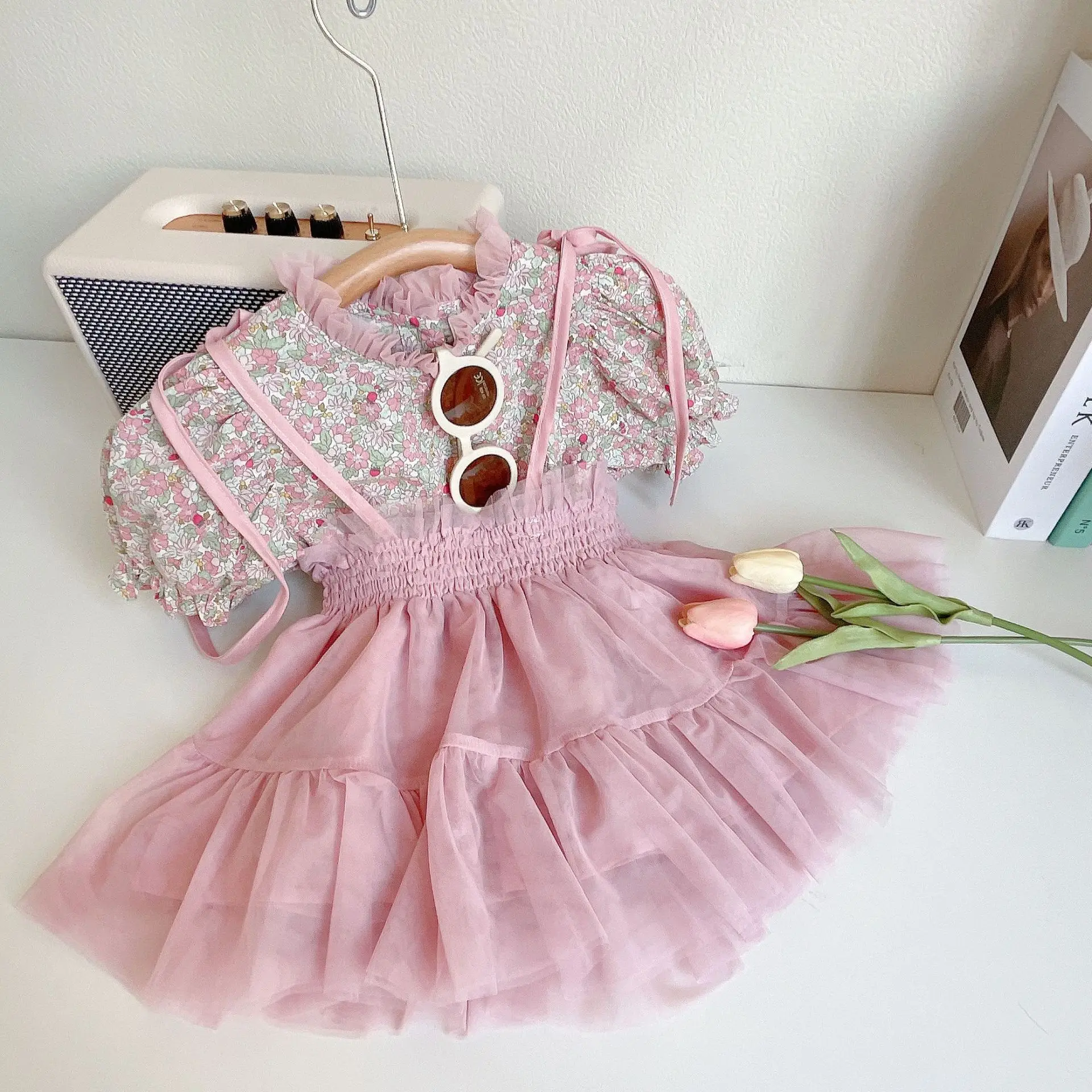 Girls Clothing Sets 2023 Summer New Girls\' Cute Blossom Top+Strap Half Skirt Set Pastoral Princess Style Children Girls Clothes