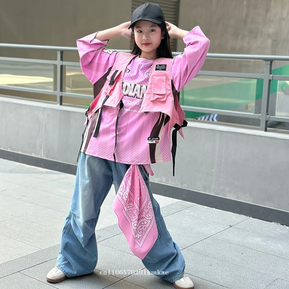Boys Hip Hop Ripped Graffiti T-shirt Pink Vest Cargo Pants Girls K-pop Jazz Costumes Teenager Dance Clothes SetYouth Streetwear view 4