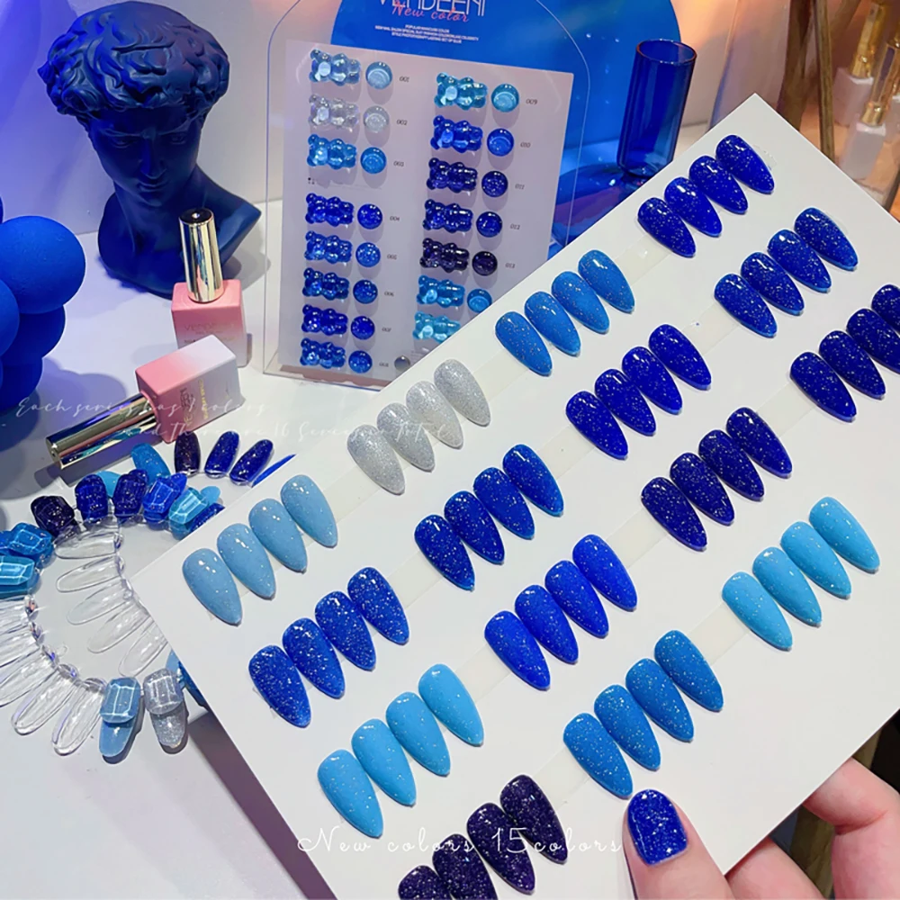 Vendeeni 15 Farben/Set Blauer Glitzer-Broken-Diamond-Gel-Nagellack Semi-Permanenter UV-LED-Soak-Off-Gel-Lack mit Display – Detail 7