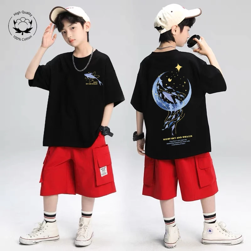 韓国子供服 2025 夏の Tシャツクジラ漫画パターントップスファッションボーイズ半袖コットン Tシャツ女の子服