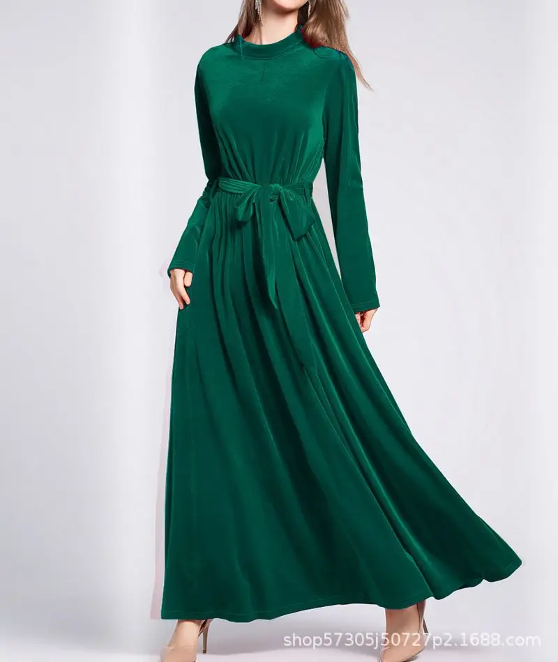 Robes d'automne et d'hiver pour femmes, manches longues, arabie saoudite, ceinture, col rond, couleur unie, dubaï, Abayas, Robe musulmane