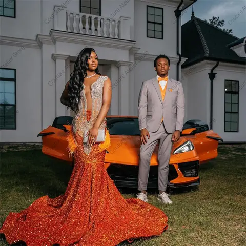 Förtrollande Orange Fjädrar Balklänningar 2025 Svarta Flickor Pärlströja Strass Paljetter Sjöjungfru Festklänningar Anpassade 10 best sales orange balklänningar - №9