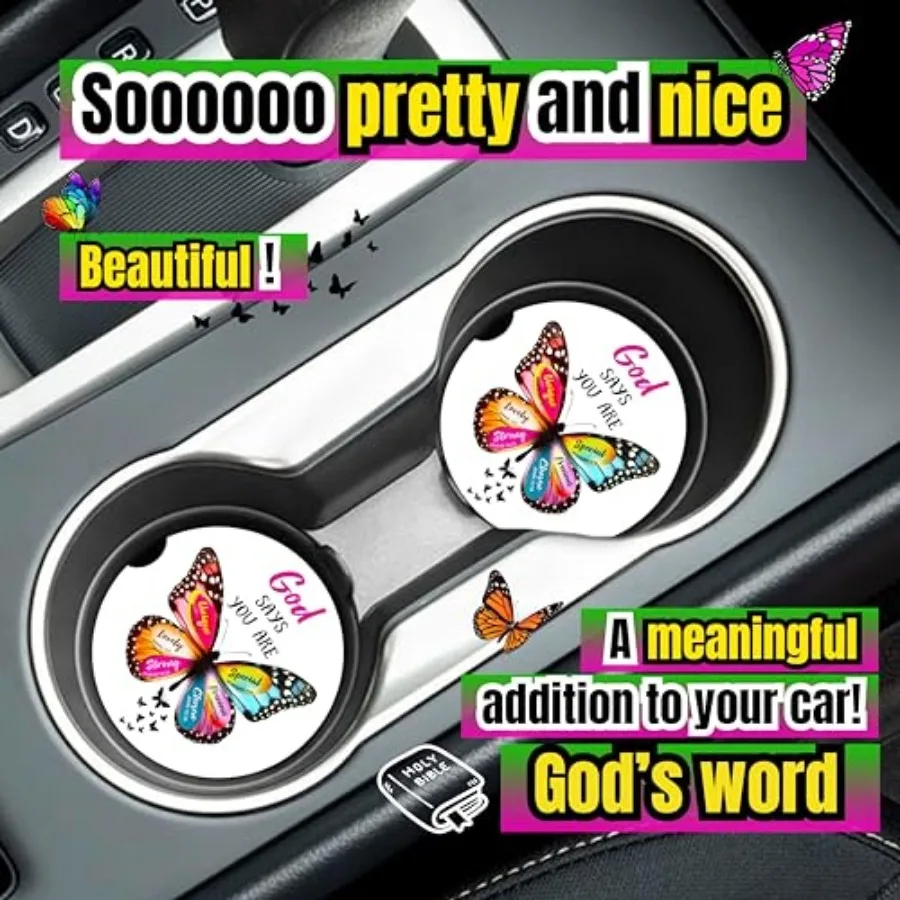 Christian Car Coasters for Cup Holders - 2 Pack Cute Butterfly Bible Verses Car Accessories for Women, Inspirational Faith Deco