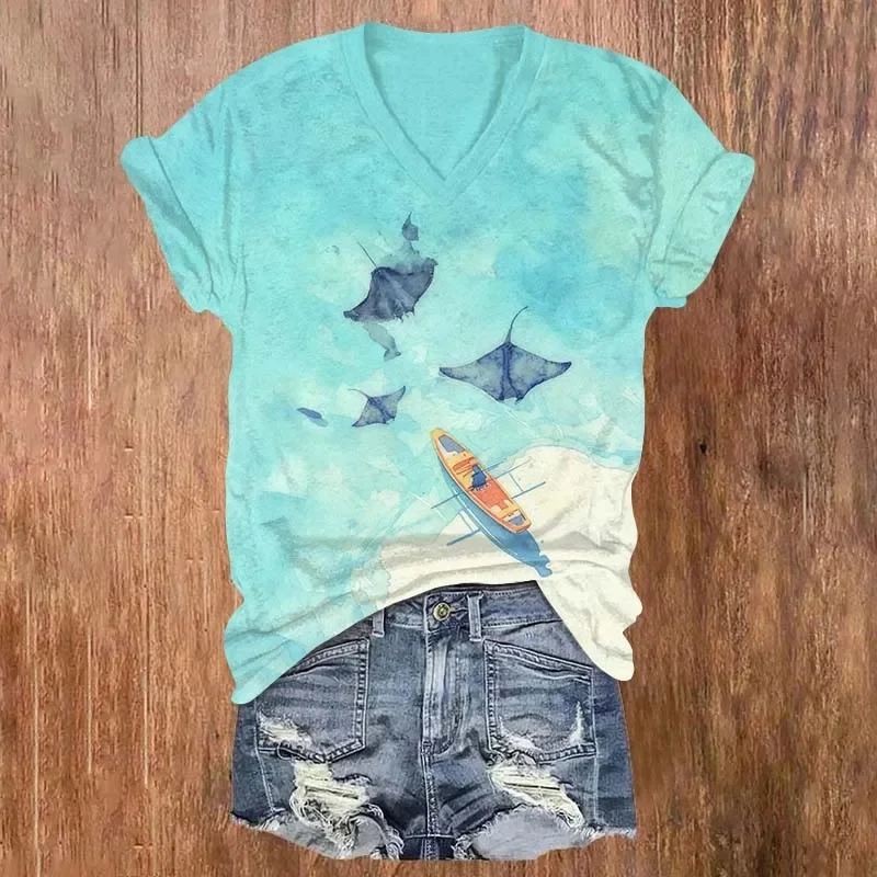 Vintage Crab Swarm Art Print V-neck T-shirt Summer Women's T Shirts view 5