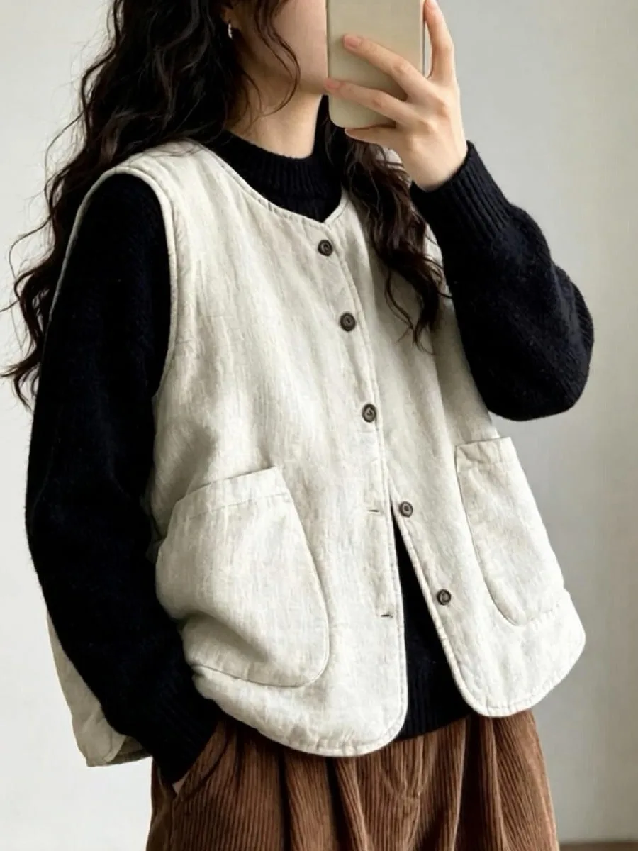 Casual Cotton Linen Short Jacket Women's Autumn Winter Loose round Neck Vest Warmth Outerwear Fashionable Cultural Clips