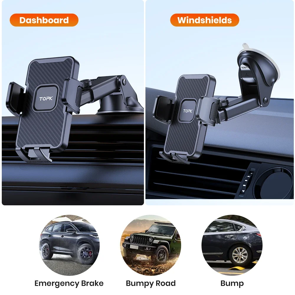 TOPK Universal Car Phone Holder Mount, Car Phone Mount for Dashboard and Windshield, Phone Holder Car with 360° Rotation