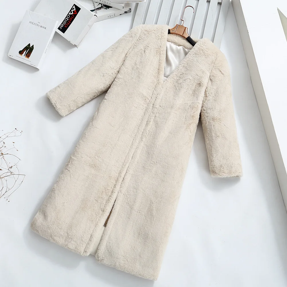 2021 Japan, Korea, autumn and winter imitation fur rabbit fur coat coat collarless knee casual fashion warm plush trench coat
