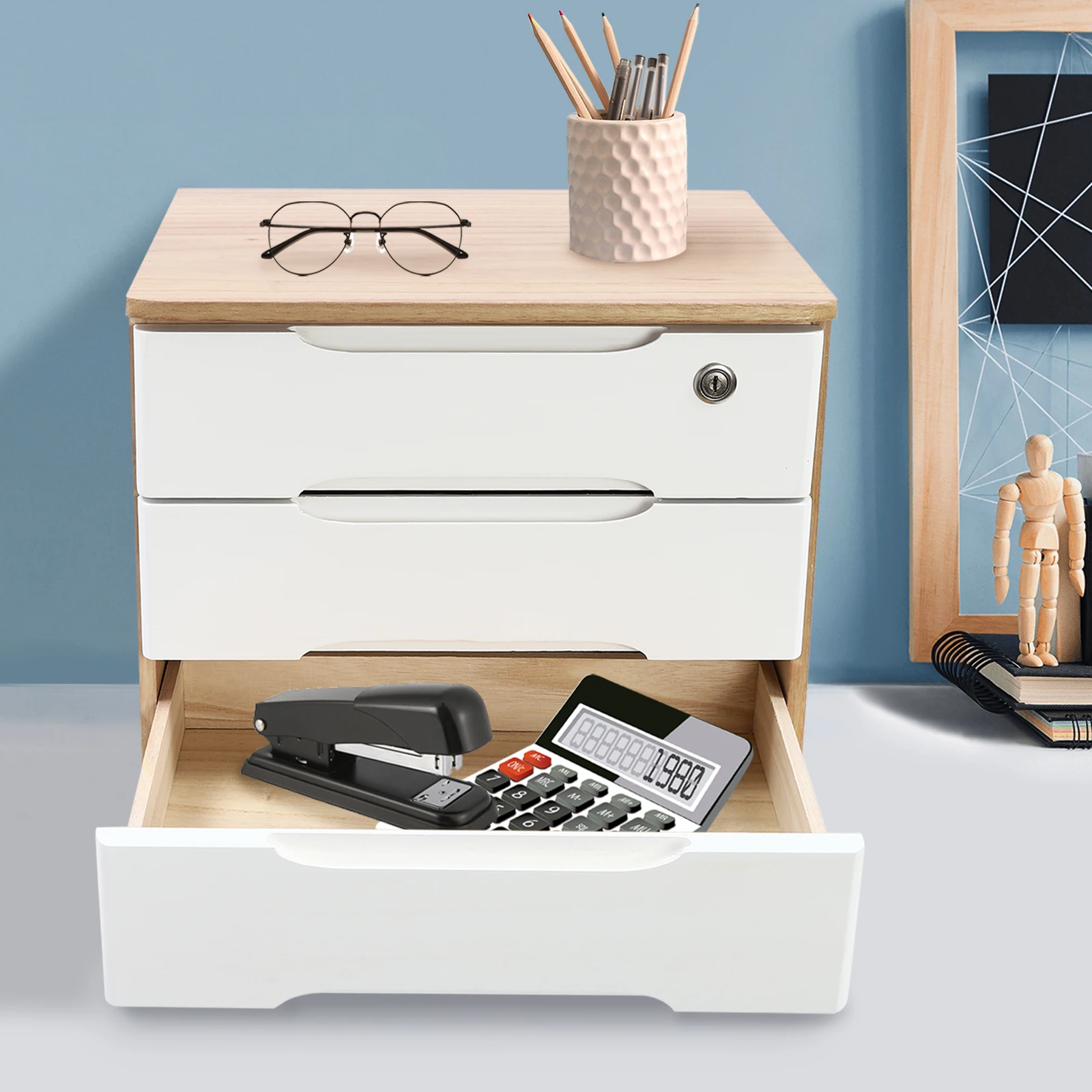 Log branco paulownia 15.35x11.81x12.2 Polegada armário de armazenamento bloqueado de três camadas gaveta caixa de armazenamento de mesa armário de classificação de madeira