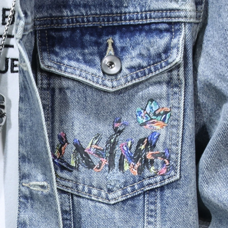 2024 Autumn New Trendy Street Cowboy Jacket Men's Retro Washed Fashion Cartoon Printed Casual Loose Denim Coat