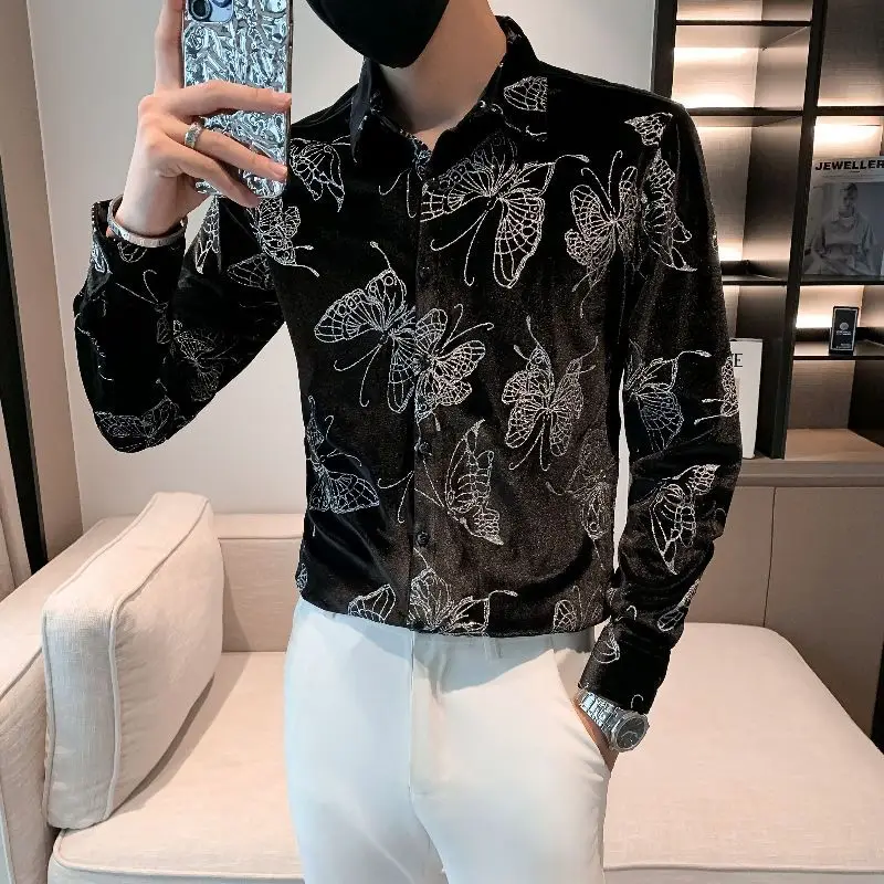 

High Quality Men’s Spring&Autumn Trendy Butterfly Printing Casual Shirt Long Sleeves All Match Winkle-resist Slim Street Shirt;