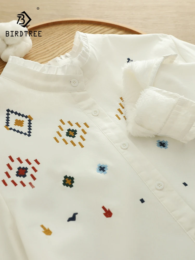 

Новинка 2025, осенняя хлопковая флисовая рубашка с длинными рукавами, женская рубашка с рюшами и вышивкой, теплая свободная блузка Mori Girl OL Temperament T5O021CC