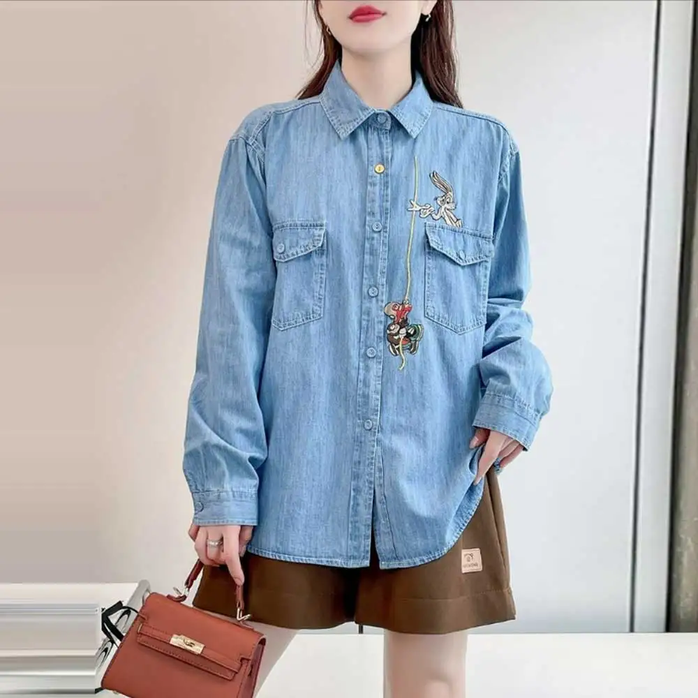 

Japanese Vintage Mori Girl Cartoon Rabbit Embroidery Denim Shirts Women Autumn Turn Down Collar Long Sleeve Casual Jeans Blouse