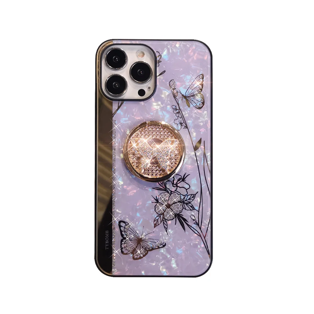 Custodia per telefono a farfalla con supporto ad anello per iPhone X XR XS 14 13 12 11 Pro Max 7 8 Plus SE2 Cover Luxury Creative Mirror Glitter