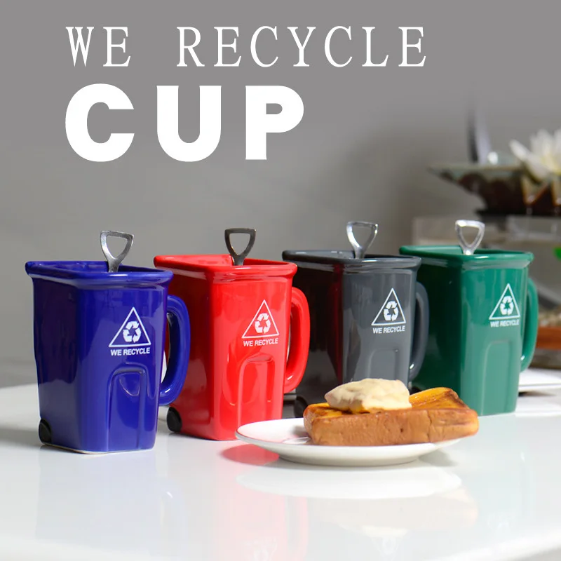 Square Ceramic Mug Creative Green Recyclable Trash Can Shape Cup  Exotic Ceramic  Coffee Milk Cup With Shovel