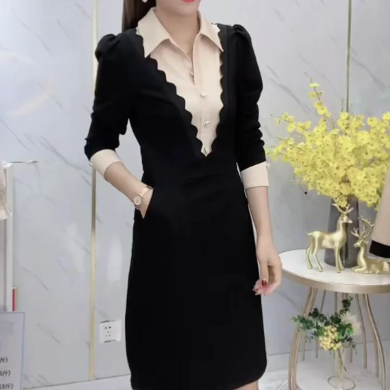 Vestido pequeño con cuello camisero para mujer en otoño e invierno nueva falda ajustada de longitud media ajustada a la cintura