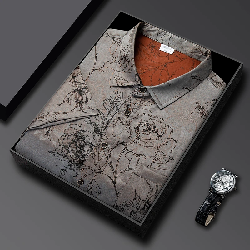 

Mulberry Silk 100% Shirts For Men Short Sleeved Print Lightweight Summer Quality Gambiered Canton Gauze Pocket Camisas De Hombre