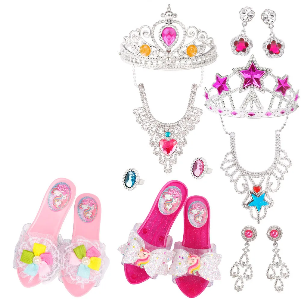 Kids Girl Princess Play House Dress Up Toy Cute Girl Exquisite Accessories High Heels Crown Necklace Earrings Party Cosplay Toy