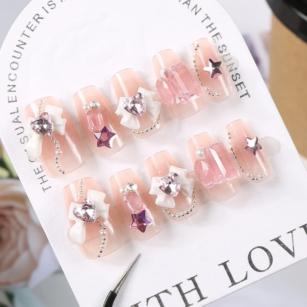 24Pcs/Lot Long Coffin False Nails with Bow Tie Rhinestones Nude Wearable Fake Nails DIY Full Cover Press on Nails Manicure Tips