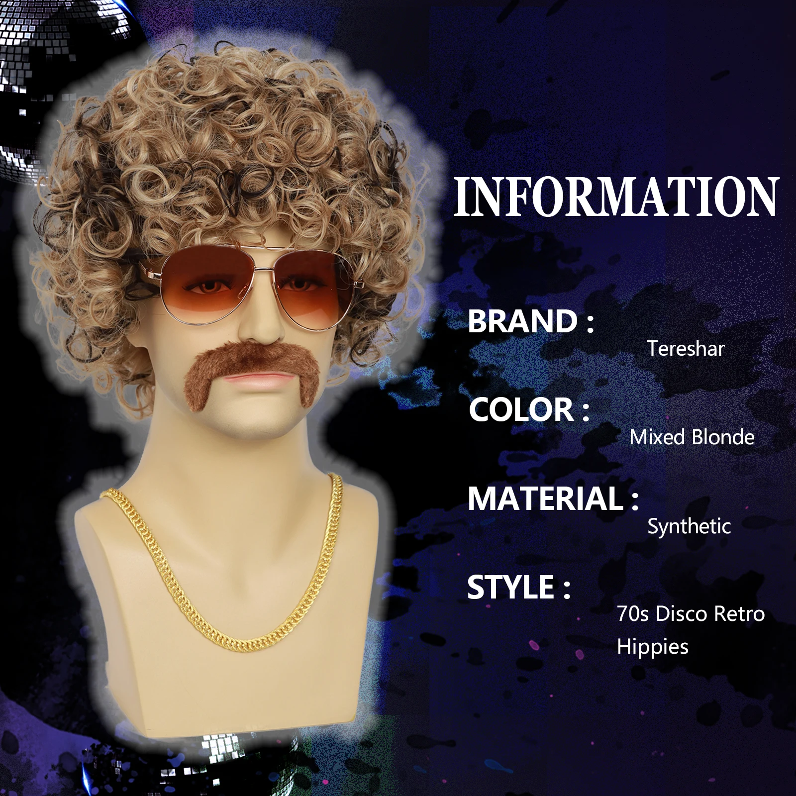 5pcs Set 70s 80s Disco Wig with Mustache Glasses Artificial Wolf Necklace Gold Chain Short Curly Synthetic Hair Afro Mens Rocker
