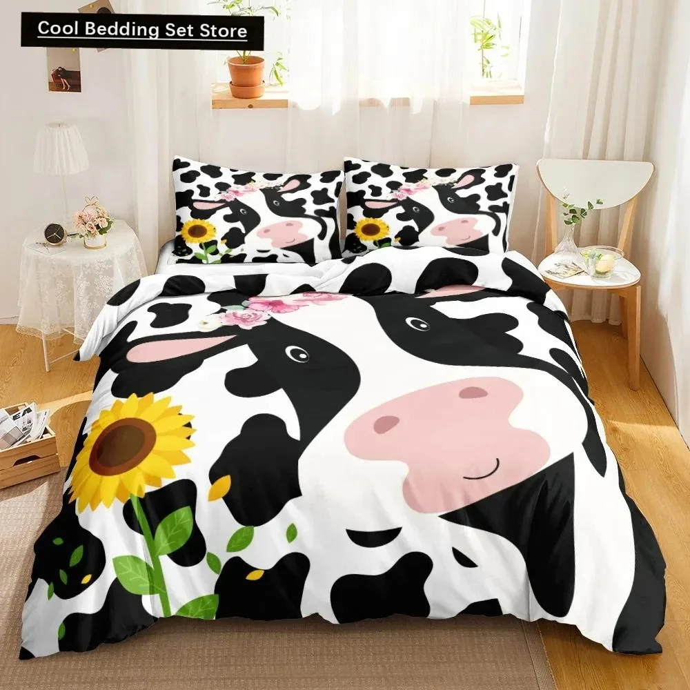 

Cow Print Duvet Cover Animal Cow Doodle Cartoon Drawing Farming Husbandry Sunflower Polyester Bedding Set Twin Queen King Size