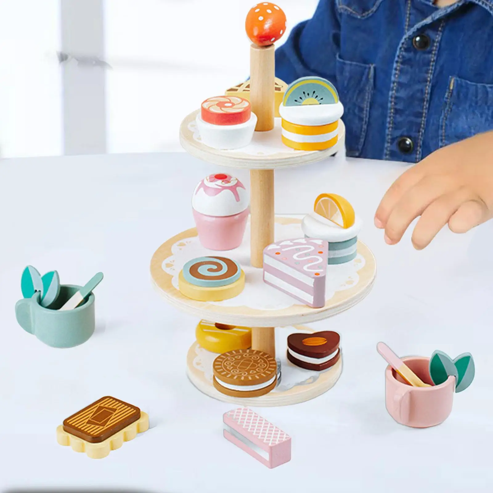 

Kids Afternoon Tea Toy Set Little Girls Tea Party Mini Dessert Stand for Toddlers Role Playing Holiday Present Play Food Toys