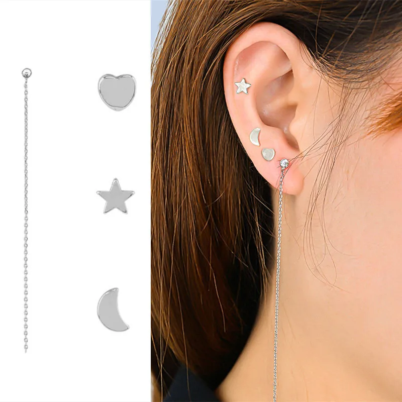 Cute New Romantic Small Gold/Silver Color Star Moon Heart Stud Earrings Set Mixed For Women Jewelry Bijoux Brincos Party Gift