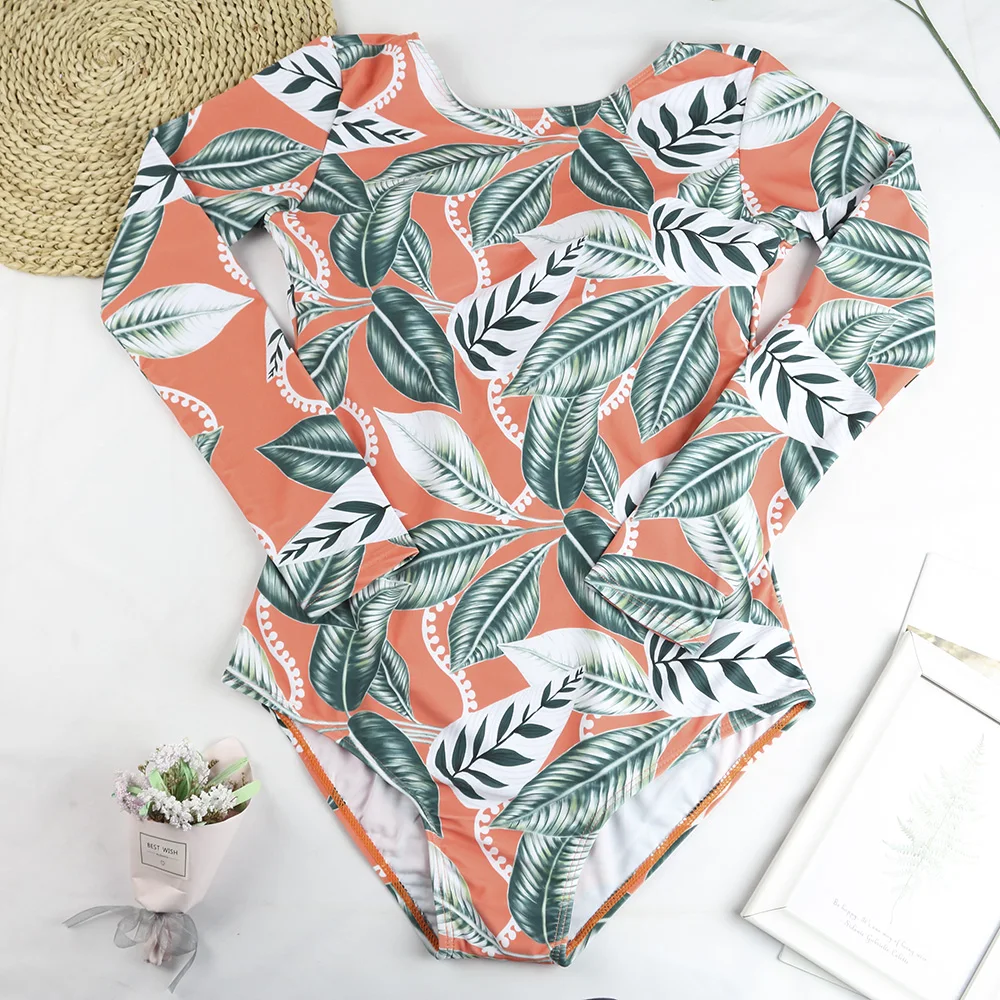 TYAKKVE Surf Swimwear Rash Guard Long Sleeve One Piece Swimsuit For Women Print High Neck Bodysuits Swim Suits Backless Monokini