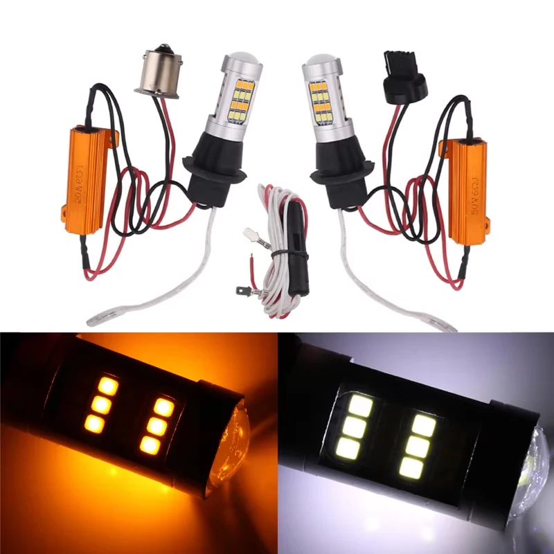 Oprah 2PCS 1156 BA15S P21W BAU15S PY21W 7440 W21W T20 DRL Turn Signal Light Canbus No Error 2835 42SMD Dual-Color Switchback 12V