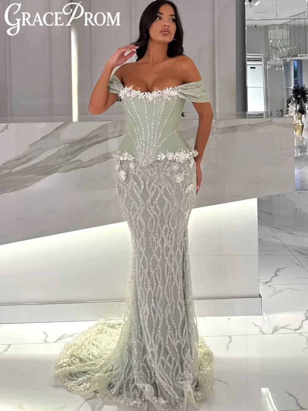 Jasnozielona suknia wieczorowa w stylu syreny z koralikami, sztywny gorset, stylowa suknia na przyjęcie weselne, szyta na miarę, wykwintna suknia na czerwony dywan.