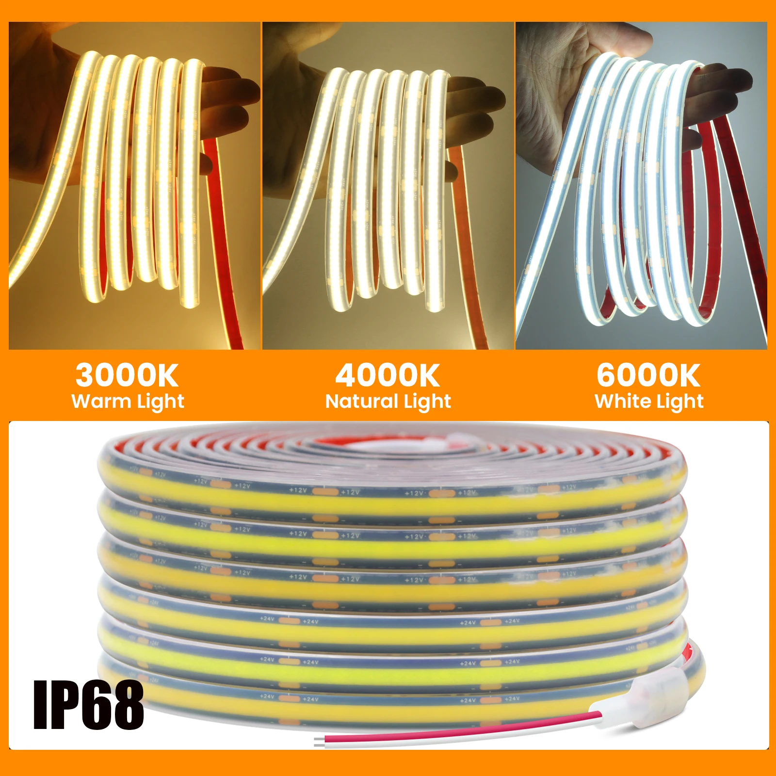 

IP68 Водонепроницаемая лента COB 3000K 4000K 6000K Гибкая лента постоянного тока 12 В 24 В для наружного декора сада и бассейна