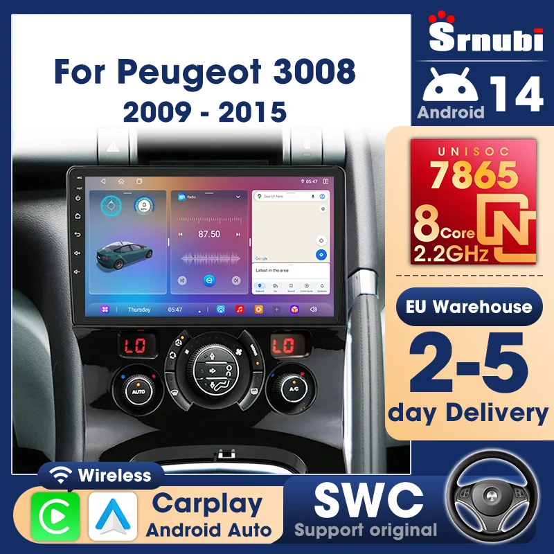 Autoradio Srnubi per Peugeot 3008 5008 AT 2009 - 2016 2 Din con Carplay, Android Auto, GPS, Navigazione e Unità Multimediale