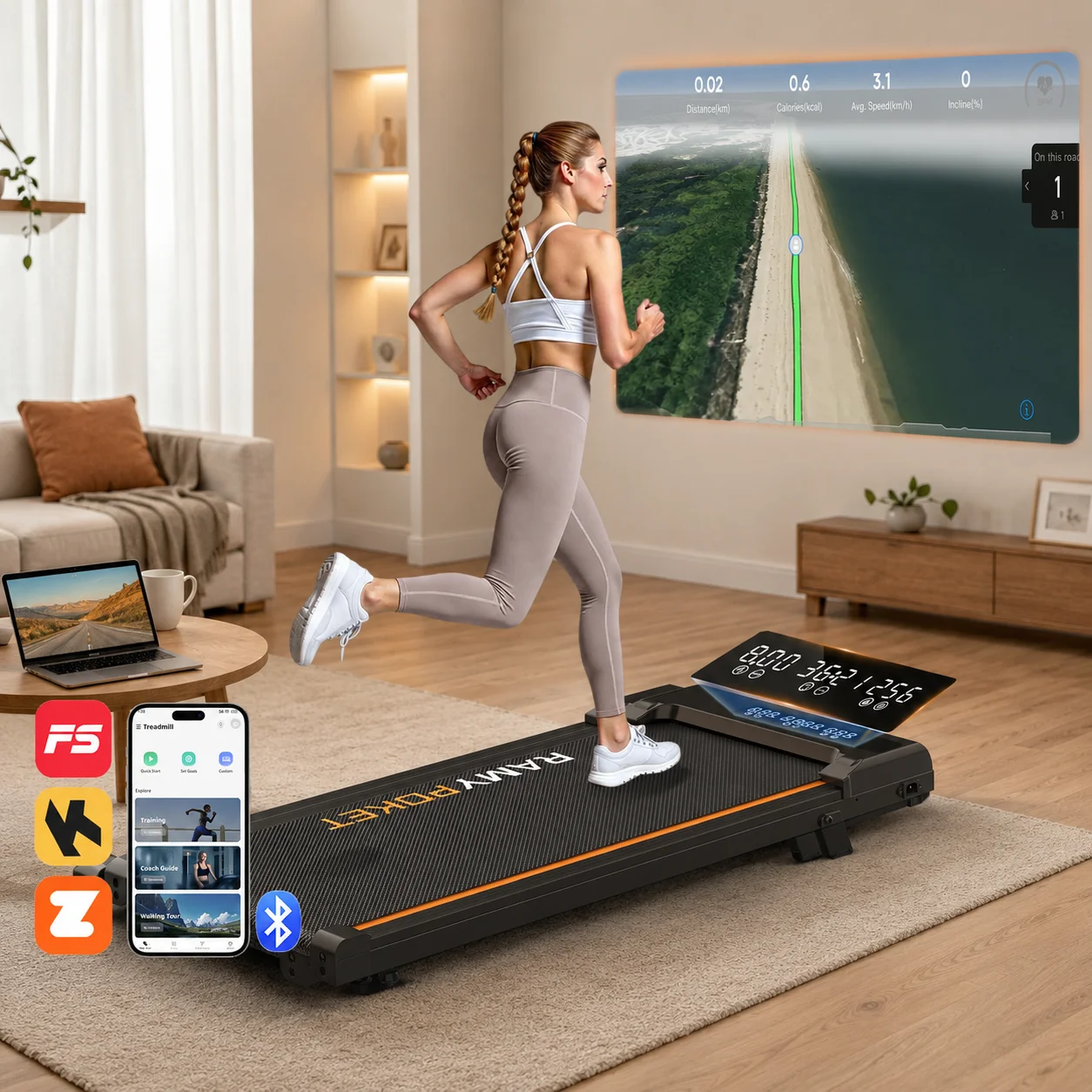 RAMYPOKET tapis de marche inclinable 9%, Controle APP Ecran LED à 3 Fenetres 1-8 km/h pour tapis de course bureau & maison,2.5HP,120kg silencieux walking pad
