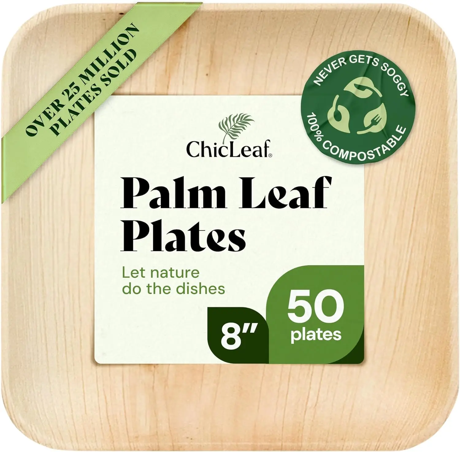 

Disposable Palm Leaf Plates 50 Count 8' Square Natural Biodegradable Microwave Safe