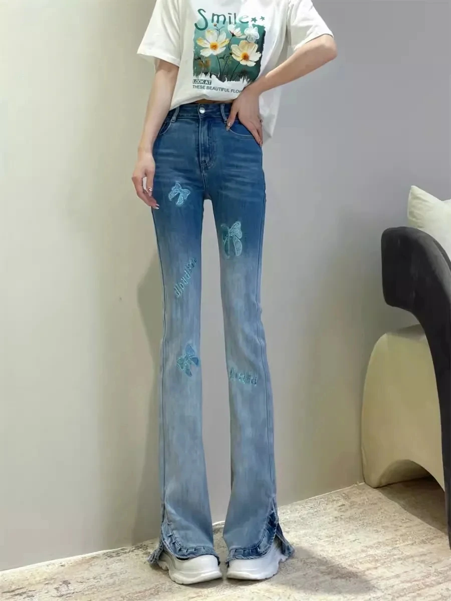 

American Street High Waist Bell Bottom Jeans Women's 2024 New Embroidery Slimming Floor Length Bell Pants