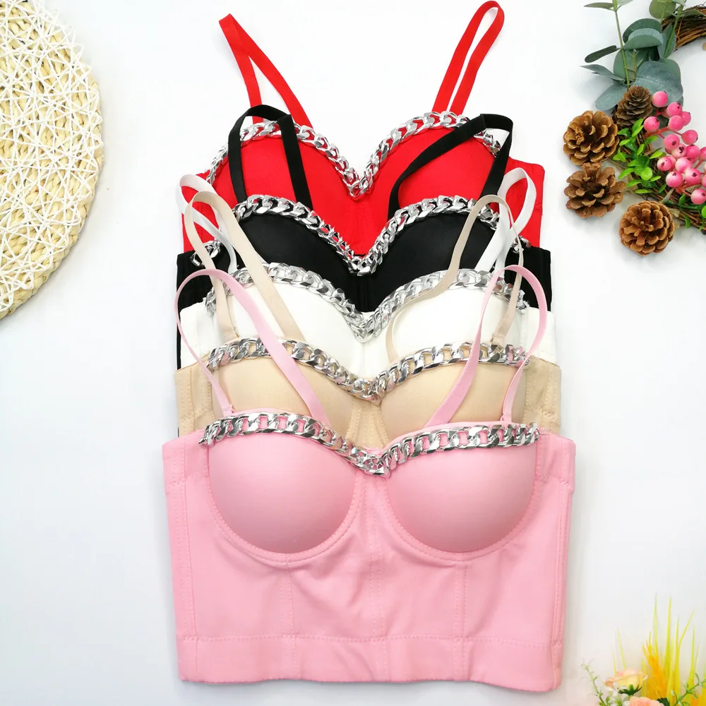 مشد علوي فاخر على شكل هيكل السمكة - سلاسل من حجر الراين الفضي اللامع، أشرطة قابلة للتعديل والإزالة، بوستير مثير للنساء