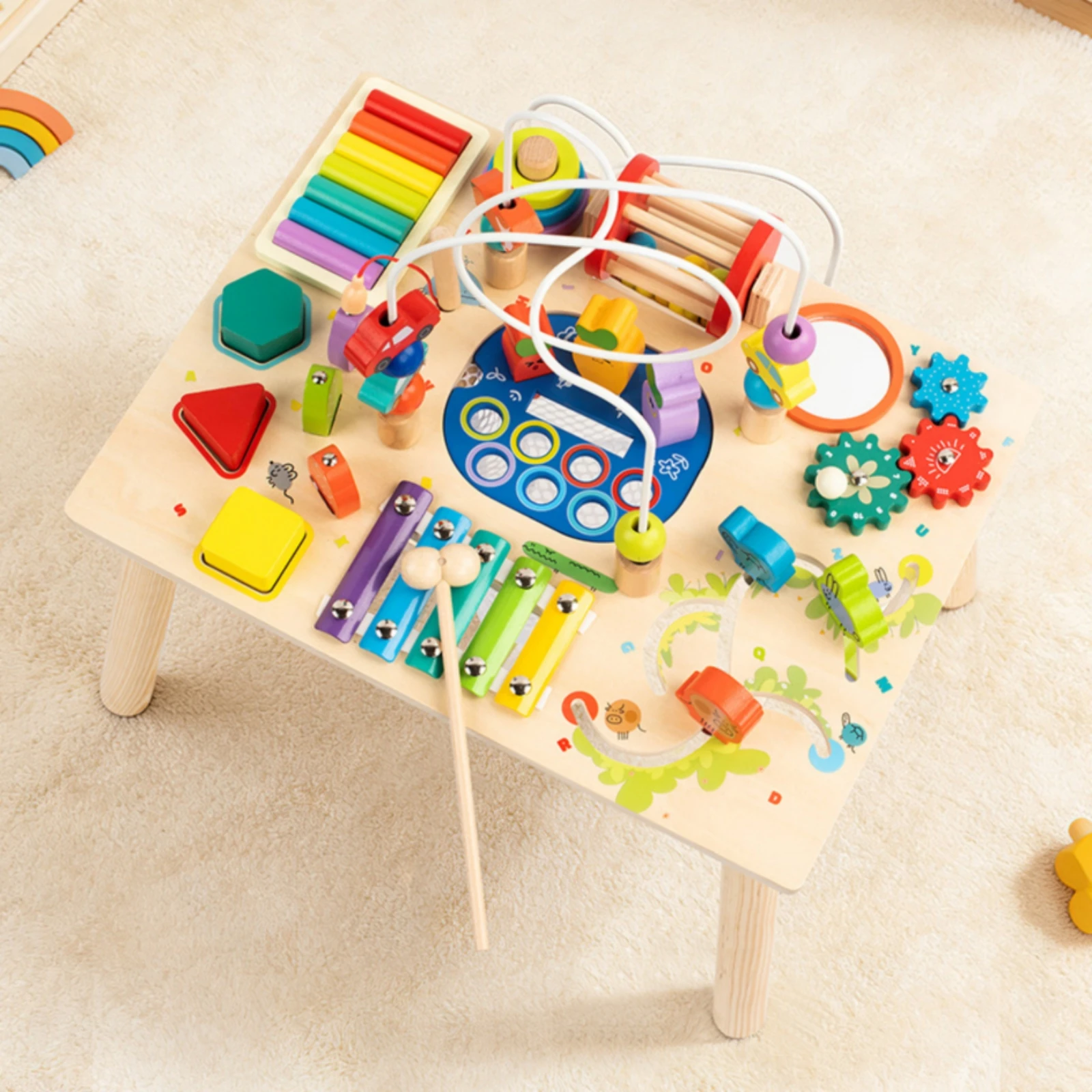 Activity Table with Bead Maze Hands-on Wooden Activity Table Child-Centered Toy Multifunctional Furniture Child-Safe