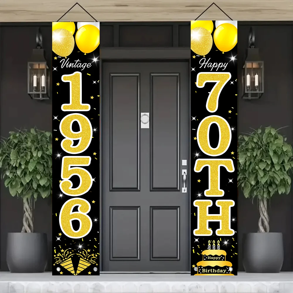 Schwarz-Gold Glitzer 70. Geburtstag Veranda-Banner, Retro 1956 Vintage Geburtstags-Türbanner mit Luftballons und Kuchen für die Feier – Detail 4